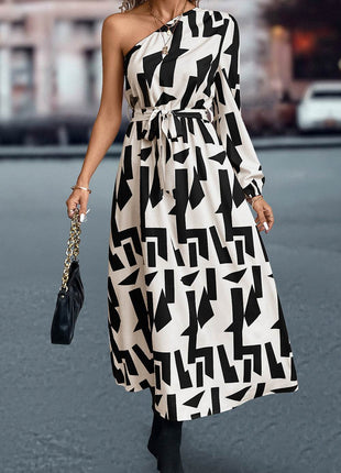 Printed One-Shoulder Tie Waist Dress - MimiStylez