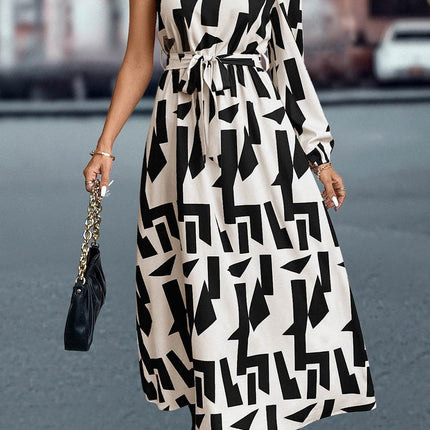 Printed One-Shoulder Tie Waist Dress - MimiStylez