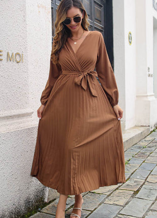Pleated Long Sleeve Surplice Maxi Dress - MimiStylez