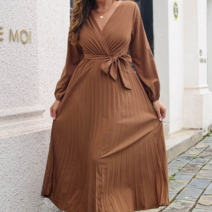 Pleated Long Sleeve Surplice Maxi Dress - MimiStylez