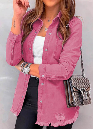 Distressed Raw Hem Snap Down Denim Jacket - MimiStylez