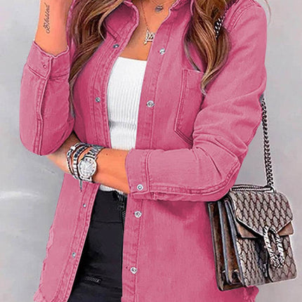 Distressed Raw Hem Snap Down Denim Jacket - MimiStylez