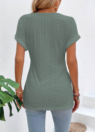 Slit Eyelet V-Neck Short Sleeve Blouse - MimiStylez