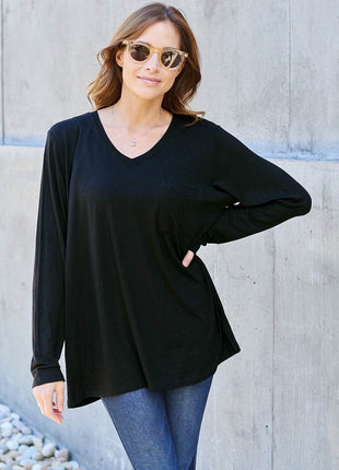 Basic Bae Full Size V-Neck Long Sleeve Top - MimiStylez
