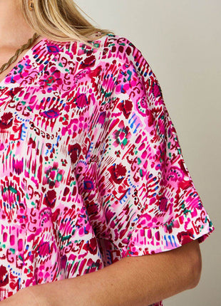 Double Take Full Size Printed V-Neck Short Sleeve Blouse - MimiStylez
