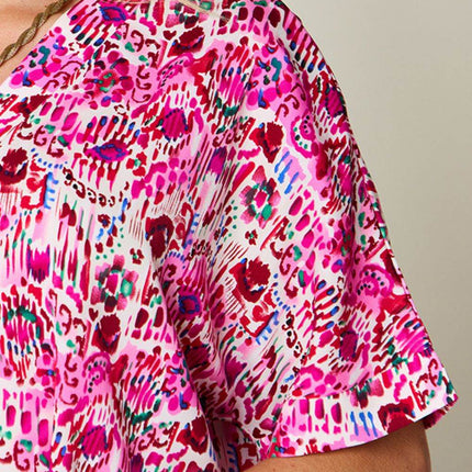 Double Take Full Size Printed V-Neck Short Sleeve Blouse - MimiStylez