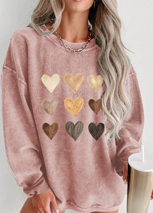 Heart Round Neck Dropped Shoulder Sweatshirt - MimiStylez