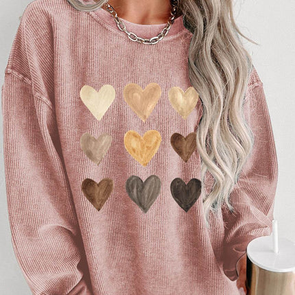 Heart Round Neck Dropped Shoulder Sweatshirt - MimiStylez