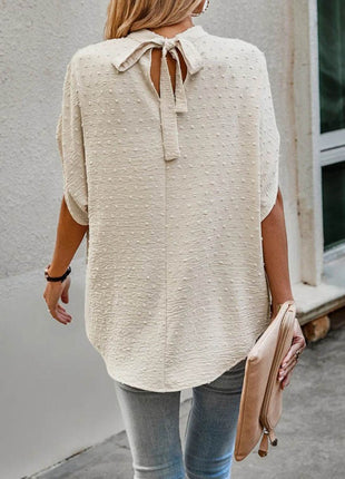 Swiss Dot Mock Neck Half Sleeve Blouse - MimiStylez