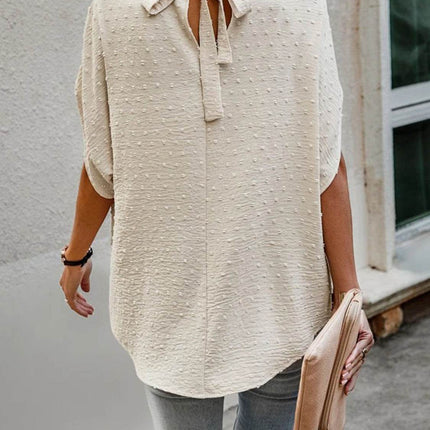 Swiss Dot Mock Neck Half Sleeve Blouse - MimiStylez