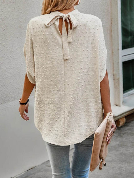 Swiss Dot Mock Neck Half Sleeve Blouse - MimiStylez