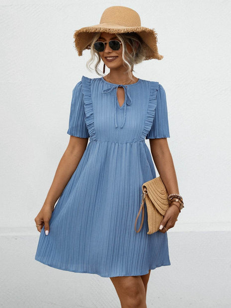 Tie Neck Short Sleeve Mini Dress - MimiStylez