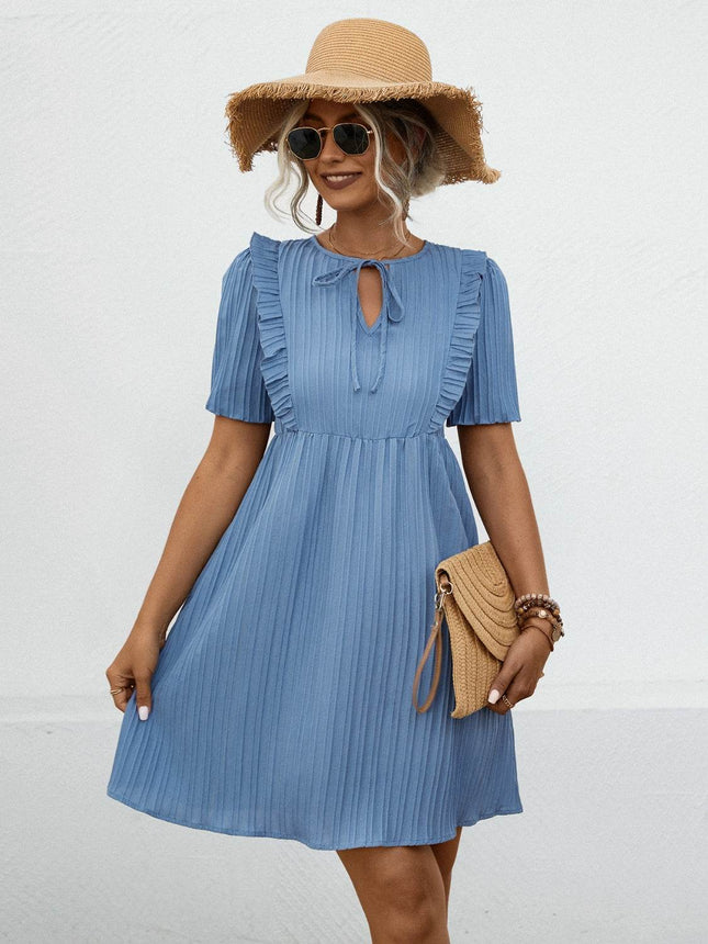 Tie Neck Short Sleeve Mini Dress - MimiStylez