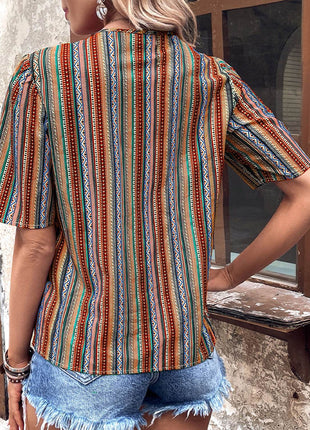Printed V-Neck Button-Up Short Sleeve Top - MimiStylez