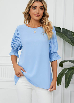 Pleated Flounce Sleeve Keyhole Blouse - MimiStylez