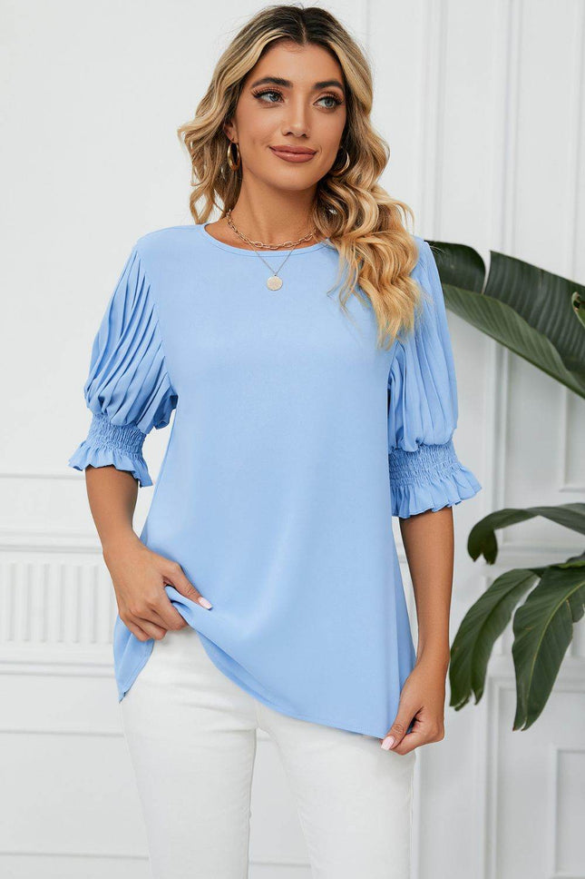 Pleated Flounce Sleeve Keyhole Blouse - MimiStylez