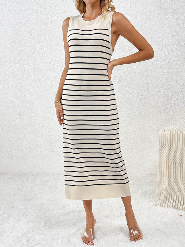 Round Neck Sleeve Midi Knit Dress - MimiStylez