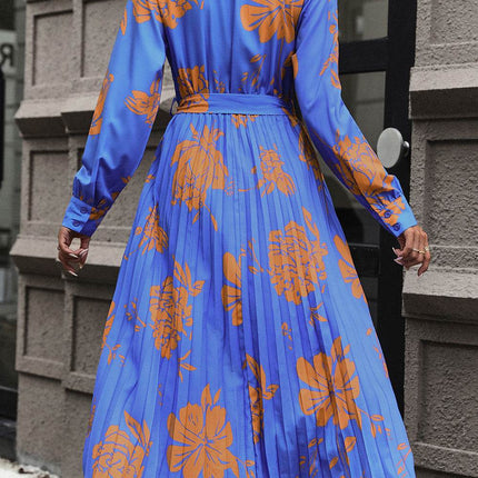 Floral Pleated Surplice Long Sleeve Midi Dress - MimiStylez