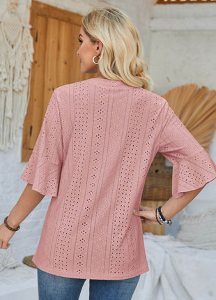 Eyelet Notched Half Sleeve T-Shirt - MimiStylez
