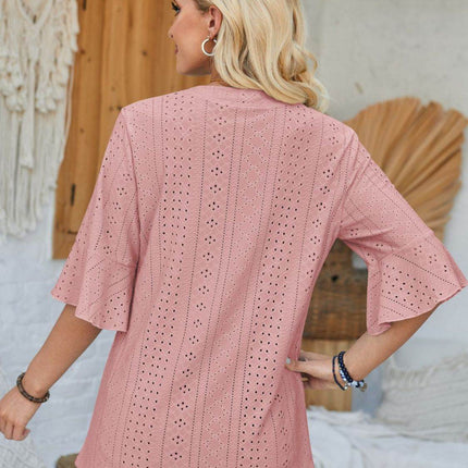 Eyelet Notched Half Sleeve T-Shirt - MimiStylez
