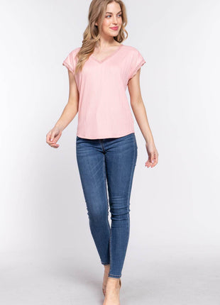ACTIVE BASIC Lace Trim V-Neck Short Sleeve Ribbed Top - MimiStylez