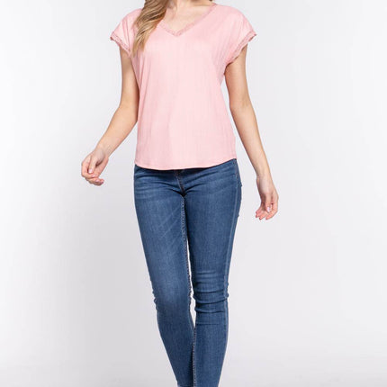 ACTIVE BASIC Lace Trim V-Neck Short Sleeve Ribbed Top - MimiStylez