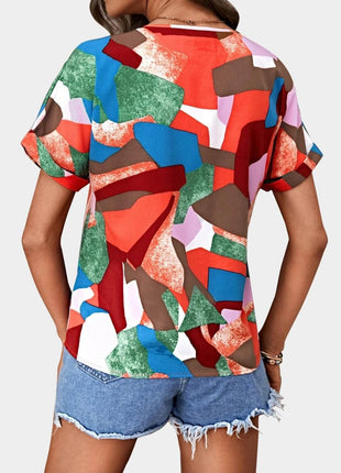 Printed V-Neck Short Sleeve Blouse - MimiStylez