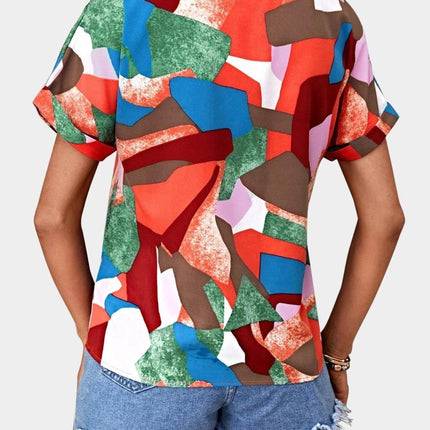 Printed V-Neck Short Sleeve Blouse - MimiStylez