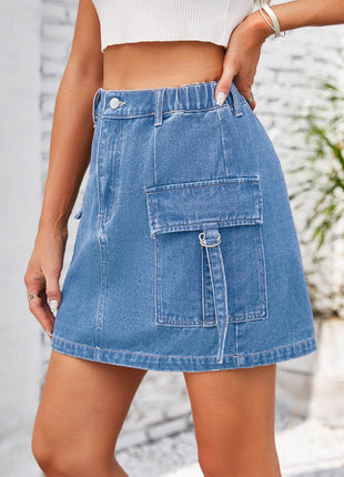 Pocketed Buttoned Denim Skirt - MimiStylez