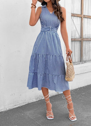 Striped Johnny Collar Sleeveless Midi Dress - MimiStylez