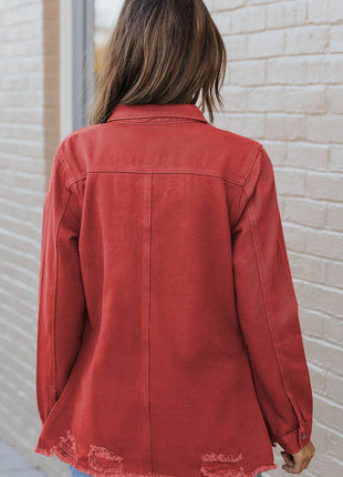 Distressed Raw Hem Snap Down Denim Jacket - MimiStylez