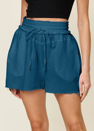 Double Take Full Size Texture Raw Trim Drawstring Shorts - MimiStylez