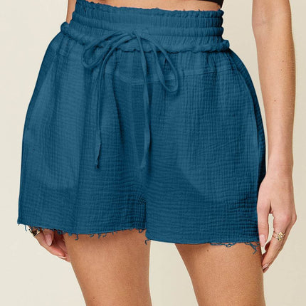 Double Take Full Size Texture Raw Trim Drawstring Shorts - MimiStylez
