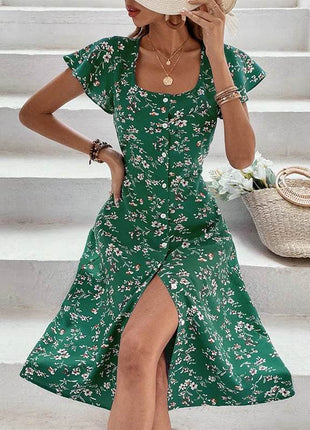 Summer Floral Print Maxi Dress Women Button Up Split Long Flowy Bohemian Beach Party Dresses - MimiStylez