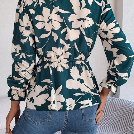 Printed Tie Neck Flounce Sleeve Blouse - MimiStylez