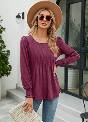 Smocked Round Neck Lantern Sleeve Blouse - MimiStylez
