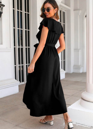 Ruffled Surplice Tie Waist Slit Midi Dress - MimiStylez