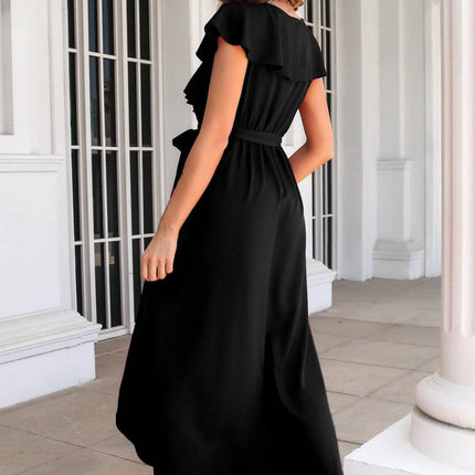 Ruffled Surplice Tie Waist Slit Midi Dress - MimiStylez
