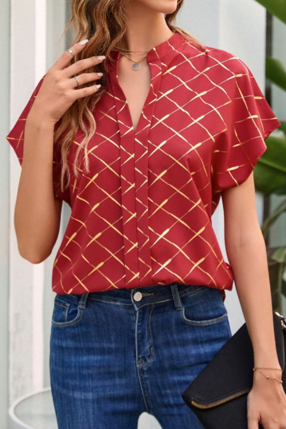 Printed Notched Short Sleeve Blouse