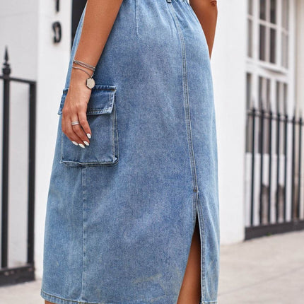 Slit Buttoned Denim Skirt with Pockets - MimiStylez