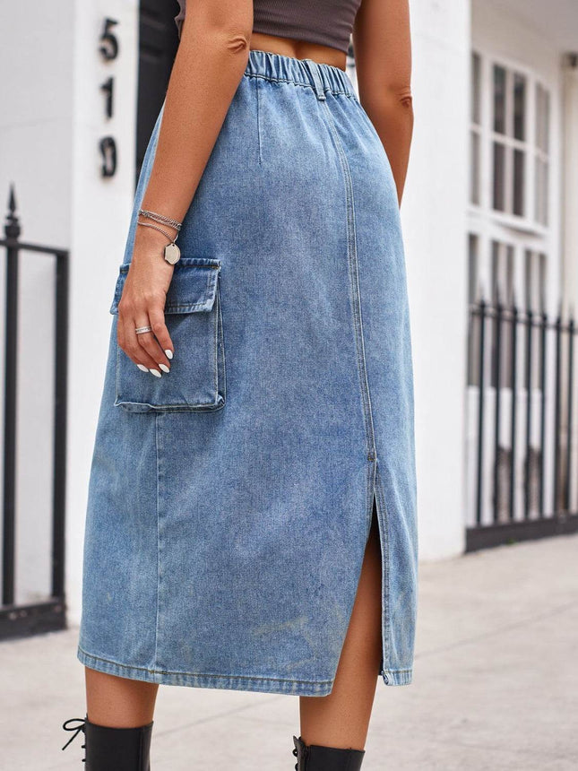Slit Buttoned Denim Skirt with Pockets - MimiStylez