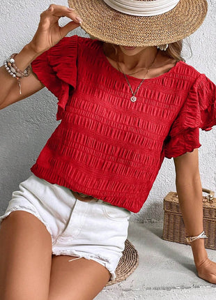 Round Neck Flounce Sleeve Blouse - MimiStylez