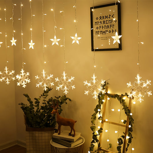 Christmas Snowflake String Lights - 137.8in Classic Indoor LED Decoration with 6 Large Snowflakes, Festive Yellow Glow, Battery Powered for Home, Bedroom, Garden, New Year & Christmas Party Decor