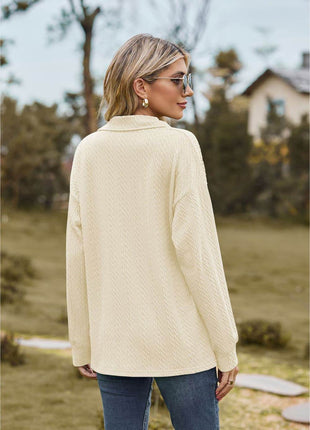 Collared Neck Cable-Knit Long Sleeve Blouse - MimiStylez