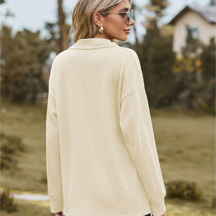 Collared Neck Cable-Knit Long Sleeve Blouse - MimiStylez
