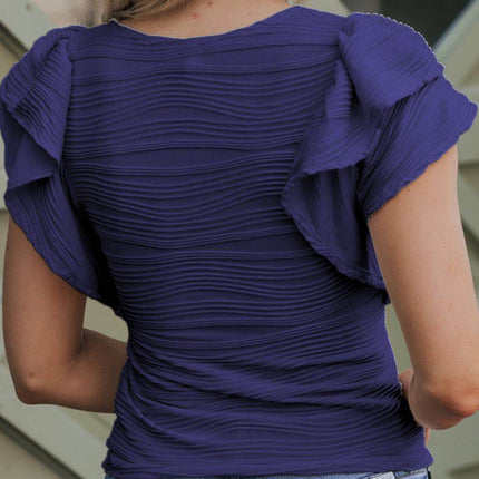 Textured Round Neck Cap Sleeve Top - MimiStylez