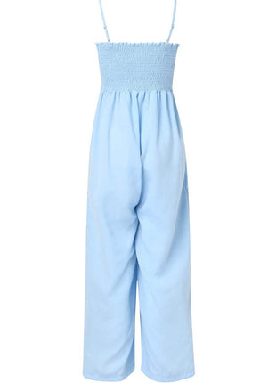 Smocked Spaghetti Strap Wide Leg Jumpsuit - MimiStylez