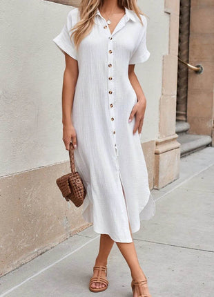 Button Down Short Sleeve Midi Shirt Dress - MimiStylez