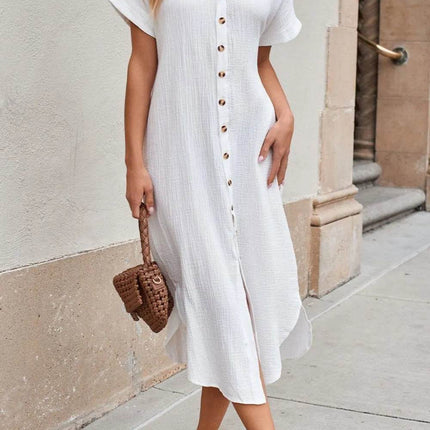 Button Down Short Sleeve Midi Shirt Dress - MimiStylez