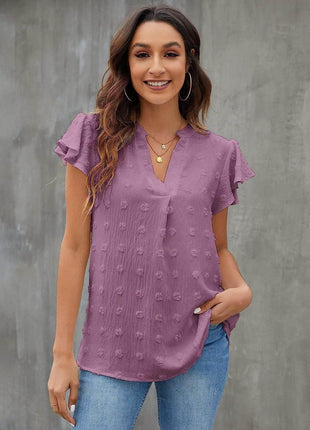 Swiss Dot Notched Cap Sleeve Blouse - MimiStylez